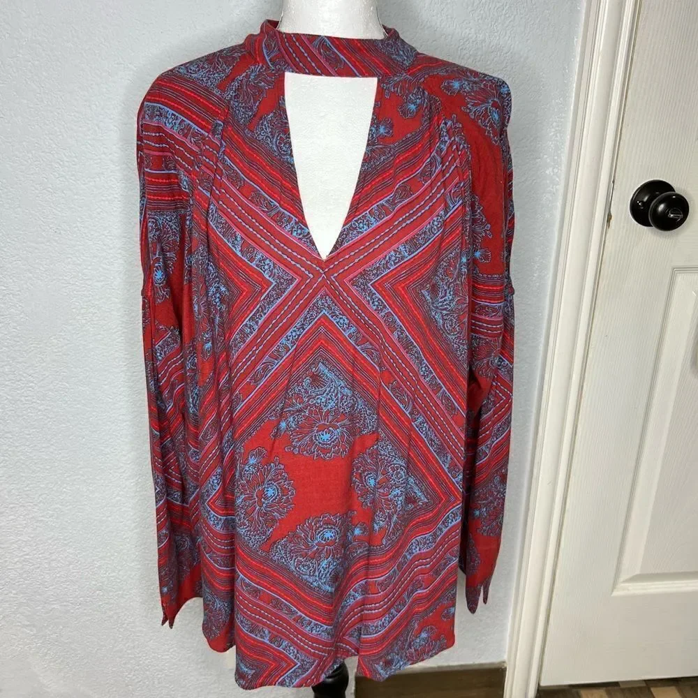 Free People Top Walking On A Dream Tunic Red Floral Choker Women’s Top Sz S